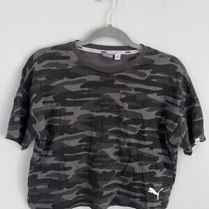 Puma women’s black and grey cropped camo t-shirt, size small